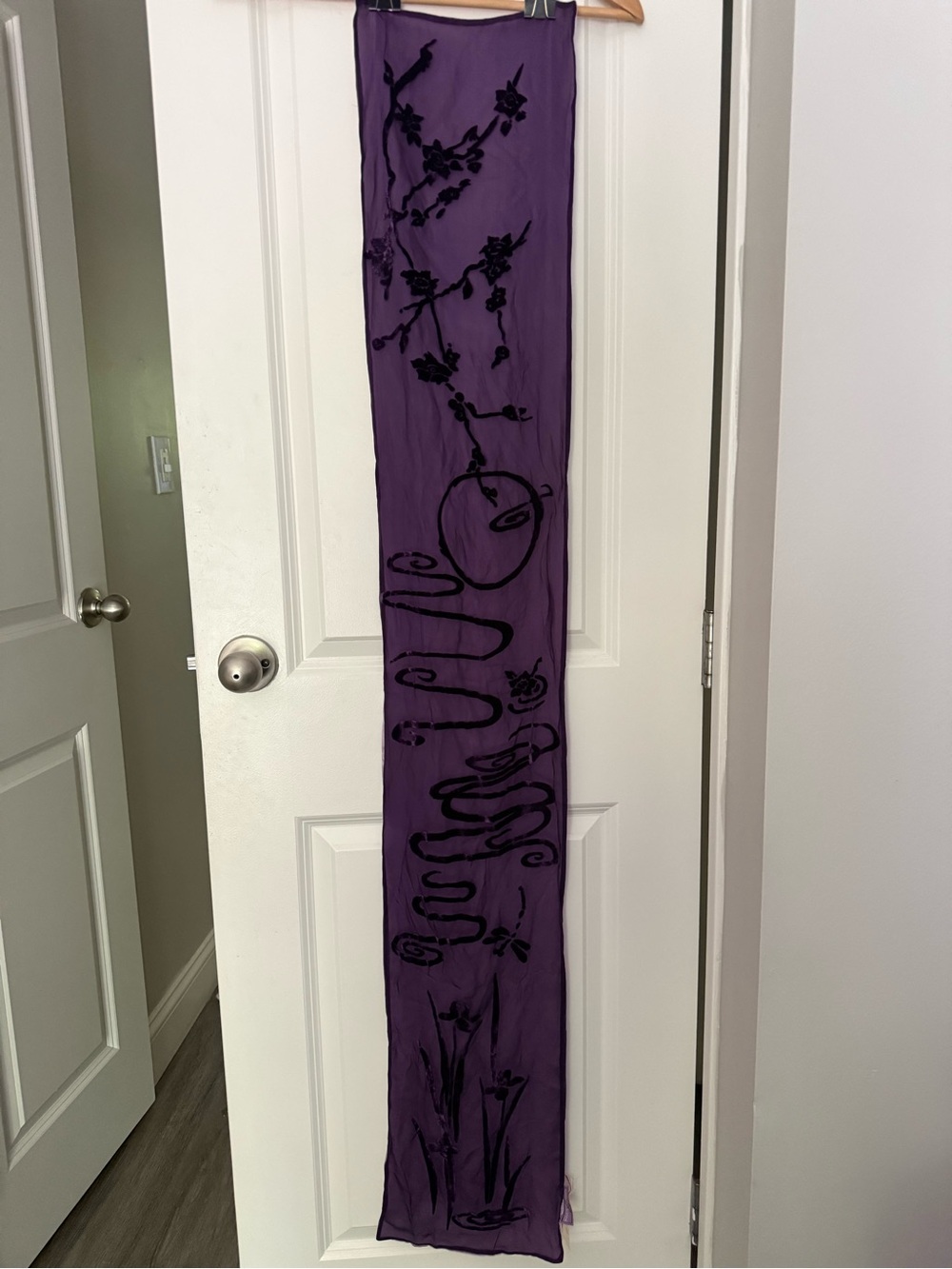Vintage Long Purple Floral Scarf with Velvet Burnout Silk Blend Art to Wear